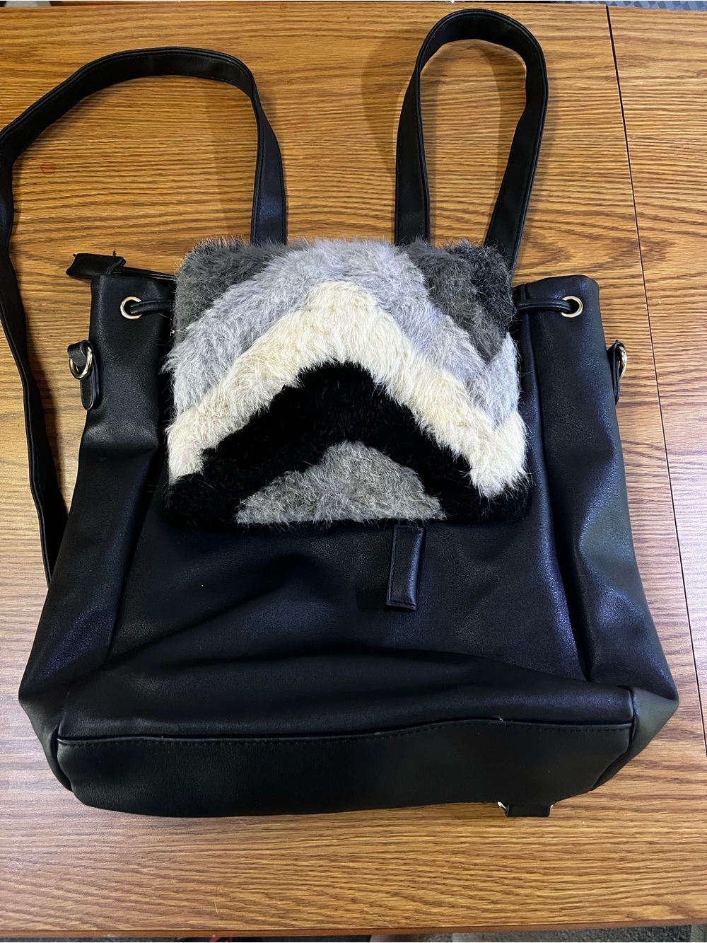 Just Fab Black Backpack Tote with Gray, Cream & Black Fur Chevron Accent